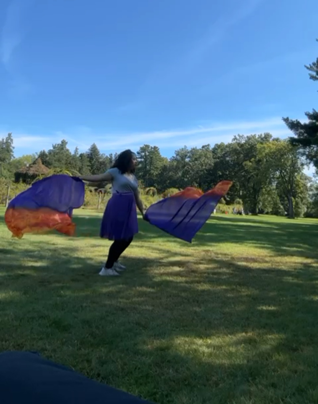 Worshipper flagging with purple and orange flags in the park